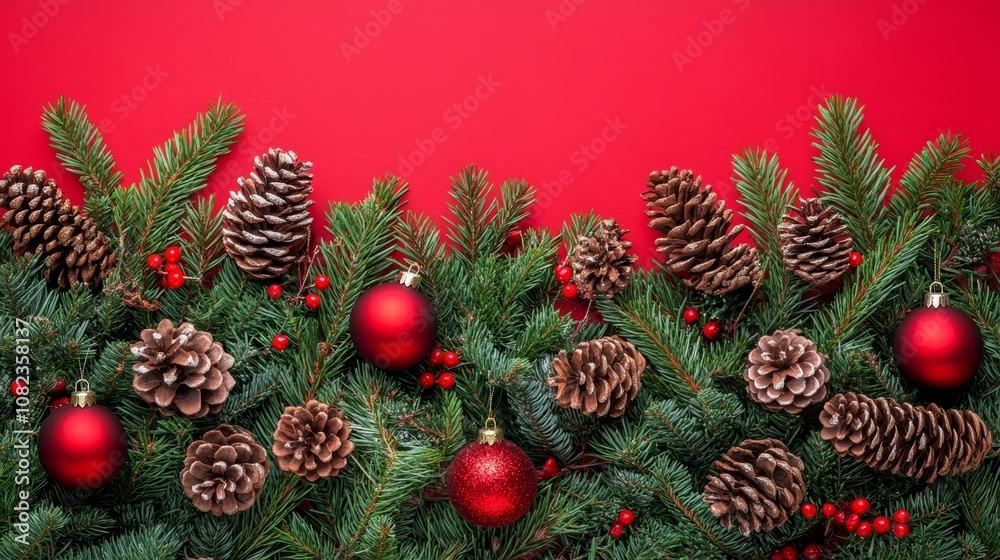 Christmas border made of fir branches, red baubles and pine cones on red background Christmas border made of fir branches, red baubles and pine cones on red background