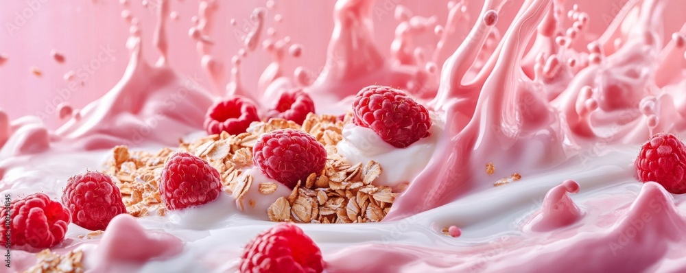 Pink yogurt splashing with raspberries and oat flakes Pink yogurt splashing with raspberries and oat flakes