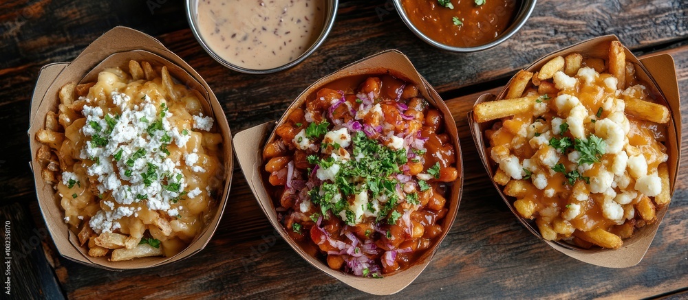 Three variations of poutine with cheese curds, gravy, and toppings in paper containers on wooden background. Three variations of poutine with cheese curds, gravy, and toppings in paper containers on wooden background.
