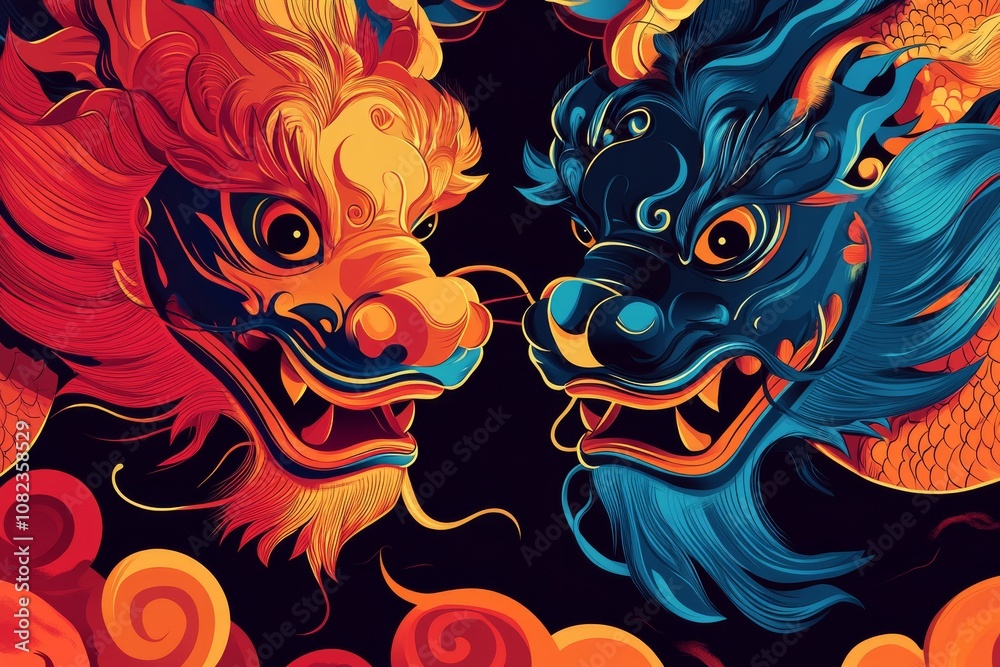 Vibrant illustration of two mythical dragons in fierce confrontation, contrasting fire and ice colors Vibrant illustration of two mythical dragons in fierce confrontation, contrasting fire and ice colors