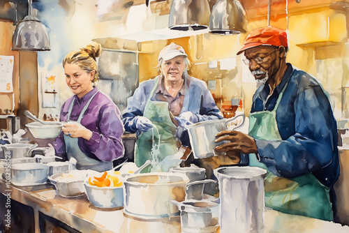 Watercolor painting depicting cheerful volunteers preparing and serving food in a kitchen setting, highlighting community, teamwork, and generosity.