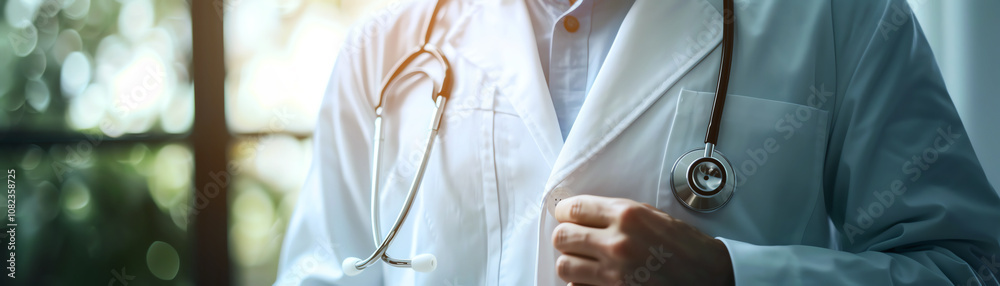 Doctor in white coat with stethoscope in hospital setting, symbolizing medical professionalism and healthcare expertise. Doctor in white coat with stethoscope in hospital setting, symbolizing medical professionalism and healthcare expertise.
