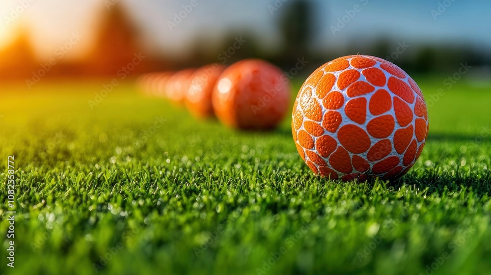 Naklejka premium Golf Balls on Green Grass with Sunset Glow