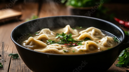 A steaming pot of hot dumpling soup with delicate dumplings floating on the surface, on a rustic table with fresh herbs and spices scattered around.