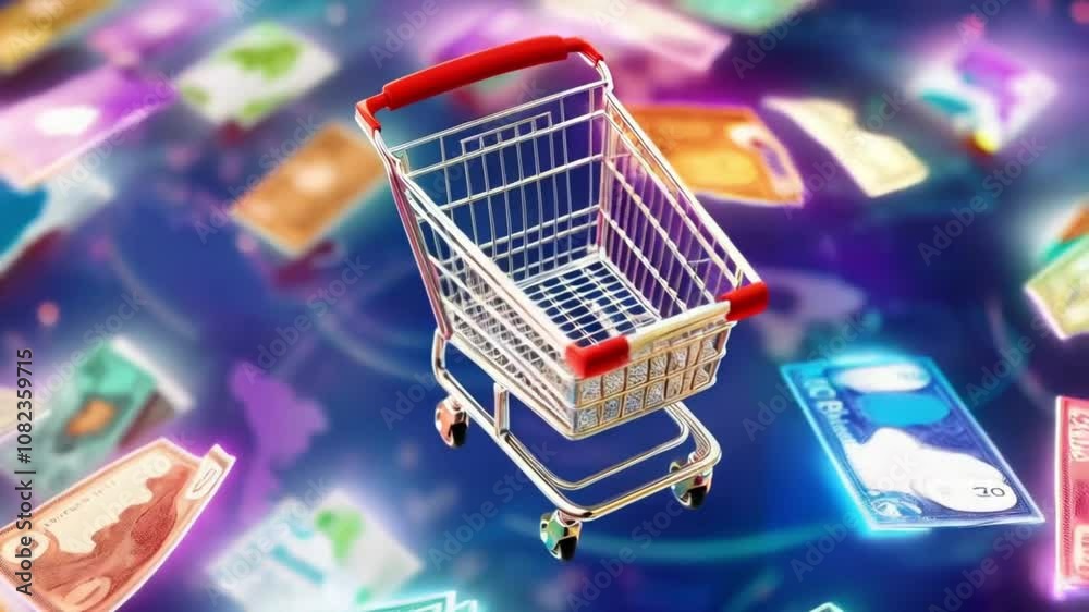 Futuristic online shopping cart surrounded by global currencies, representing a worldwide marketplace. It highlights cross-border e-commerce opportunities, offering seamless international shopping and