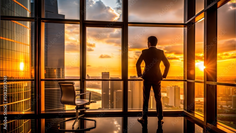 Businessman silhouette, contemplative and ambitious mood, looking at the sunset, modern office background Businessman silhouette, contemplative and ambitious mood, looking at the sunset, modern office background