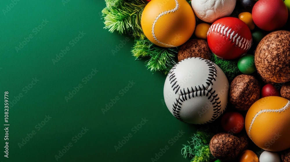 Baseball and other sports balls arranged in a corner of a green background Baseball and other sports balls arranged in a corner of a green background