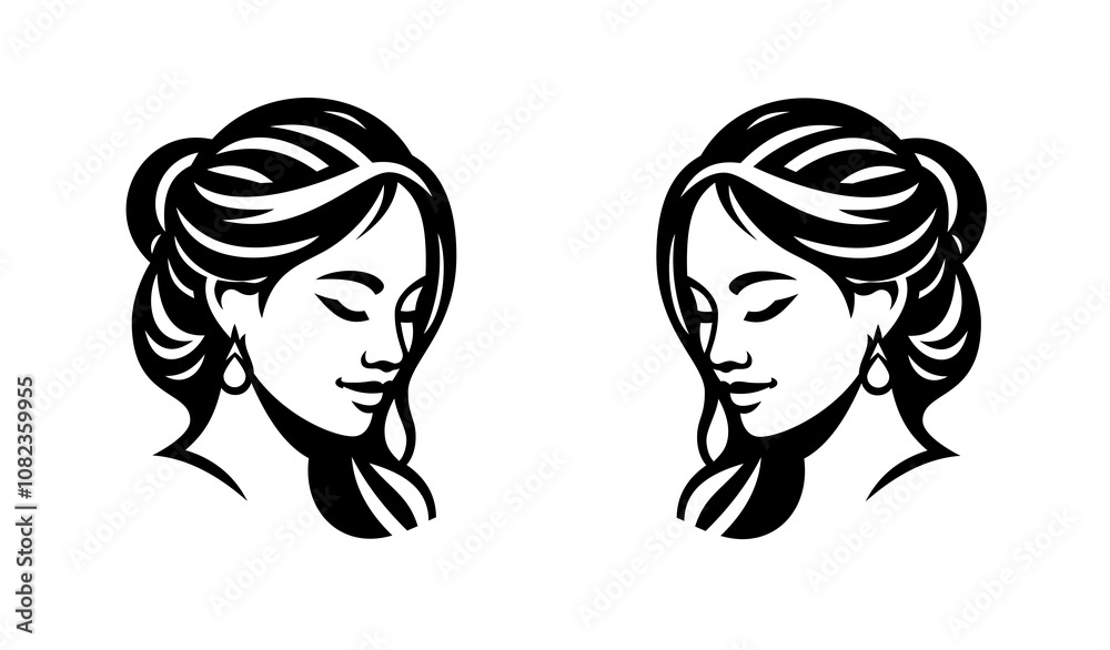 A beautiful Asian girl with her hair is styled in an elegant coiffure. A simple black and white illustration. Her eyes are closed and her head is tilted forward. A beautiful face with a gentle smile. A beautiful Asian girl with her hair is styled in an elegant coiffure. A simple black and white illustration. Her eyes are closed and her head is tilted forward. A beautiful face with a gentle smile.
