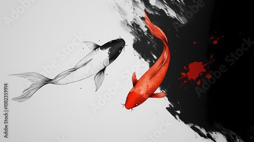 Traditional Chinese  two koi carp ink painting illustration poster background