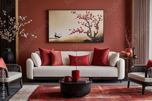 Photograph a living room with minimalist design aesthetics, subtly embellished for Chinese New Year celebrations,generative ai photo