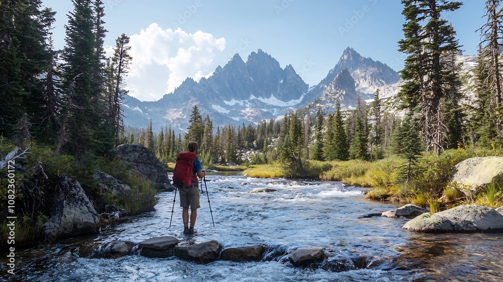Hiker crossing a mountain stream on stepping stones with towering pine trees and jagged peaks in the background hiking concept Hiker crossing a mountain stream on stepping stones with towering pine trees and jagged peaks in the background hiking concept
