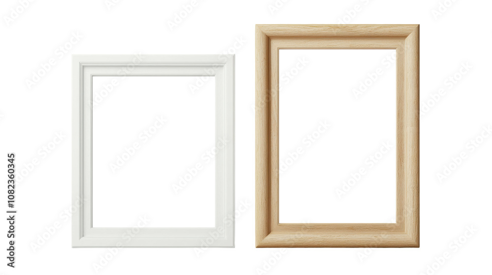 Two blank picture frames are displayed, one featuring a sleek white finish and the other showcasing a light natural wood texture. Ideal for displaying artwork or personal photos Two blank picture frames are displayed, one featuring a sleek white finish and the other showcasing a light natural wood texture. Ideal for displaying artwork or personal photos
