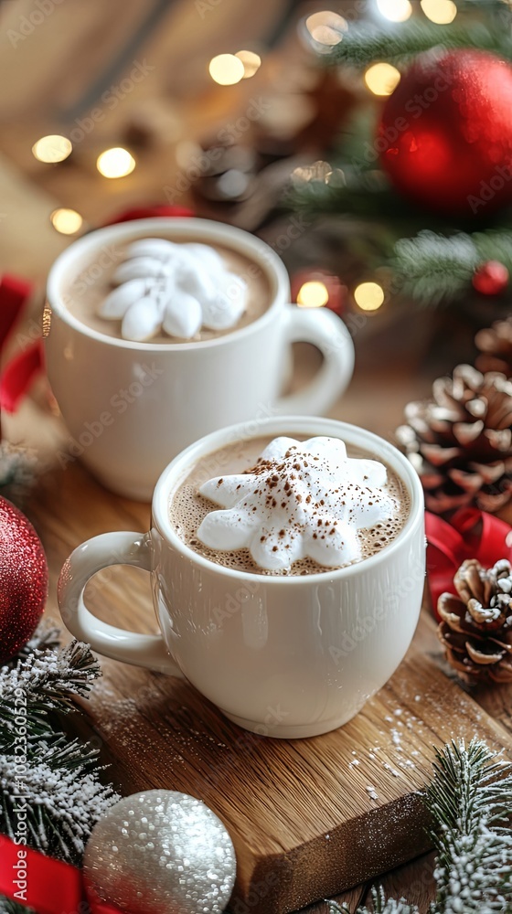 Cozy Hot Chocolate with Whipped Cream and Christmas Decor