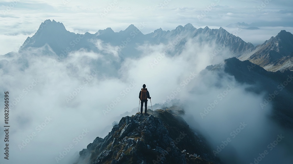 Hiker Stands Atop Fog Shrouded Mountain with Distant Peaks Visible in Ethereal Landscape Hiker Stands Atop Fog Shrouded Mountain with Distant Peaks Visible in Ethereal Landscape