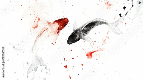 Fototapeta Naklejka Na Ścianę i Meble -  Traditional Chinese  two koi carp ink painting illustration poster background
