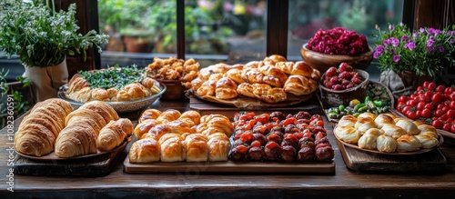 Variety of baked goods and snacks arranged on a wooden table, including pastries, croissants, and small appetizers. photo