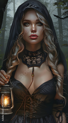 A mysterious woman in black with long, wavy hair, wearing an elegant, hooded dress and holding the lantern of twilight, stands at night in front of her hut, Generative AI