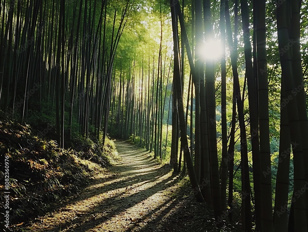 Naklejka premium Serene Hike Through Towering Bamboo Forest with Sunlight Casting Shadows on Trail