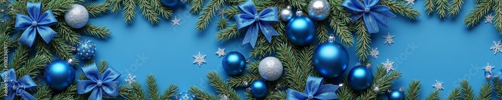 A festive wreath of blue ornaments, glittering bows, and green pine branches on a matching blue background. Perfect for a seasonal holiday theme. A festive wreath of blue ornaments, glittering bows, and green pine branches on a matching blue background. Perfect for a seasonal holiday theme.