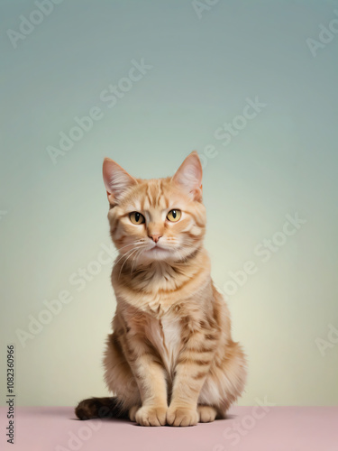 A cat sits against a plain background