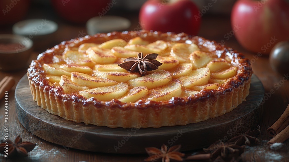 Delicious apple tart with cinnamon and star anise on wooden table Delicious apple tart with cinnamon and star anise on wooden table