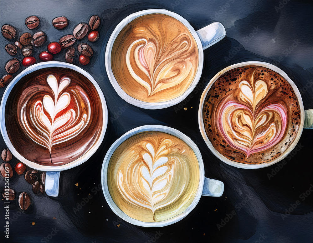 A quartet of beautifully crafted coffee drinks, each with intricate latte art A quartet of beautifully crafted coffee drinks, each with intricate latte art