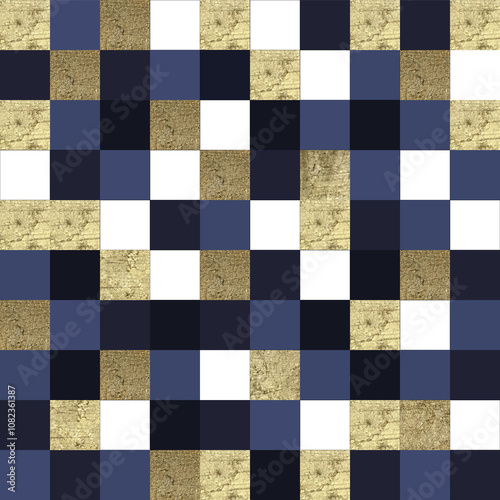 Abstract pattern with golden and blue squares.