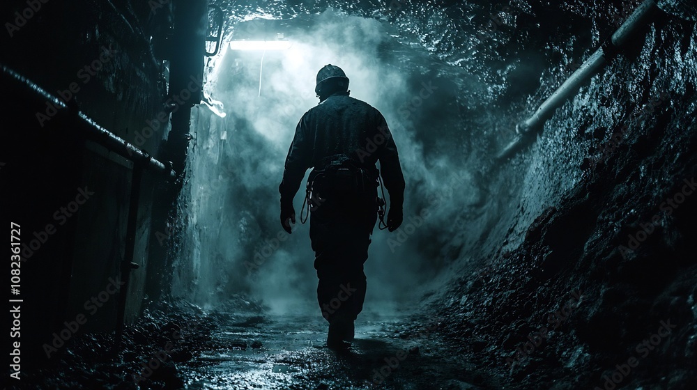 Fototapeta premium Coal Miner Emerging from the Depths of a Dark Mine Covered in Soot with Bright Lights Overhead
