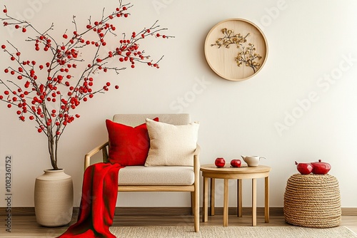 Photograph a living room with minimalist design aesthetics, subtly embellished for Chinese New Year celebrations,generative ai photo