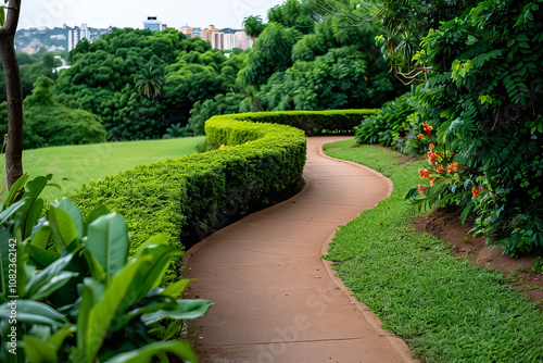 A path through a park with a hedge on either side