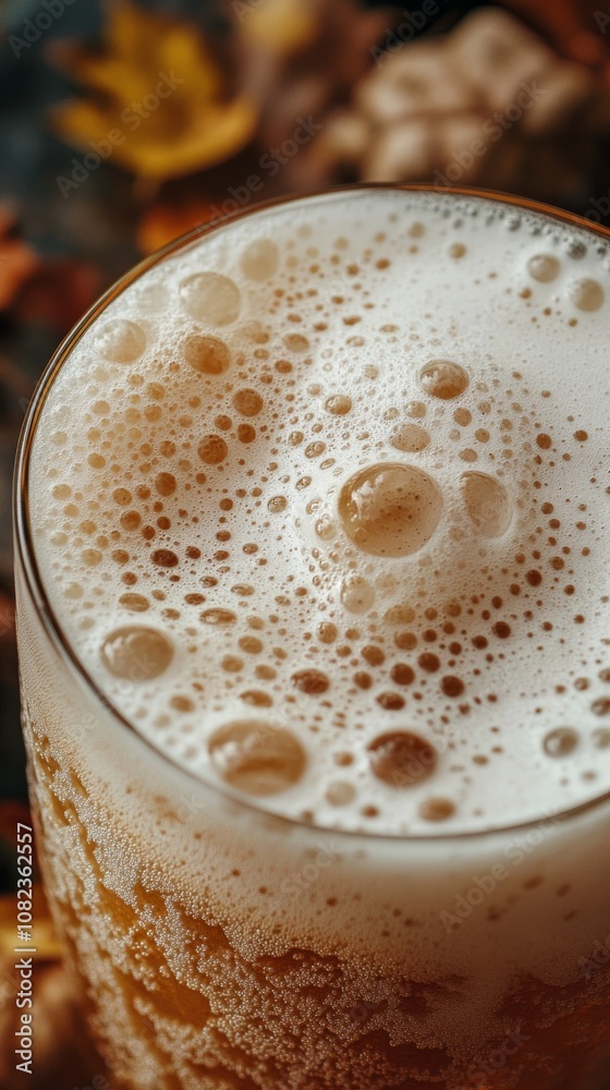 Glass of sparkling amber beer with foam and bubbles on autumn leaves background Glass of sparkling amber beer with foam and bubbles on autumn leaves background