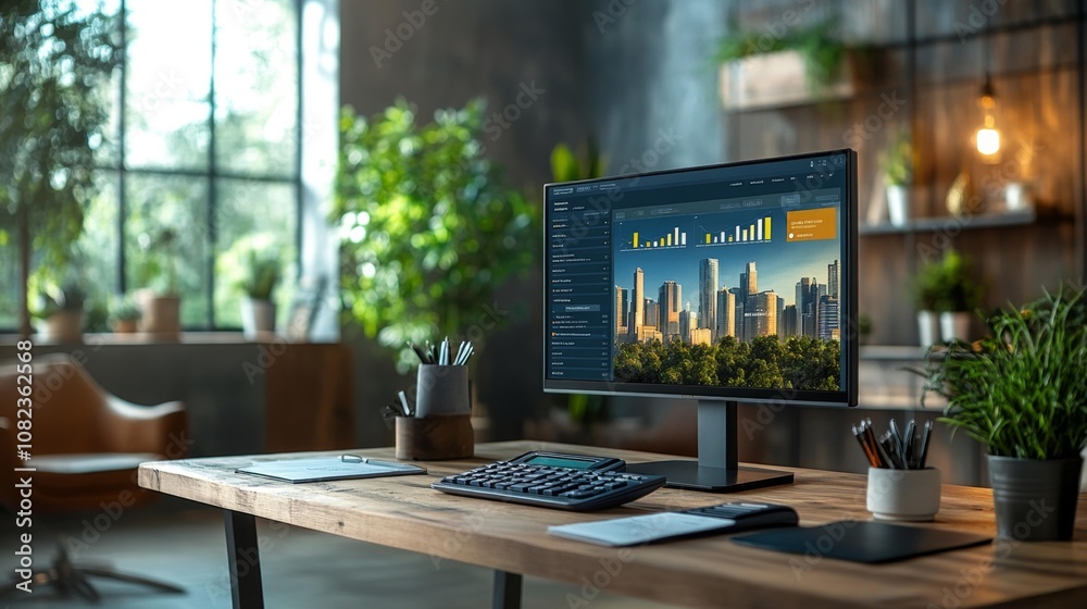 Financial Office Desktop with Monitor. Generative AI Financial Office Desktop with Monitor. Generative AI