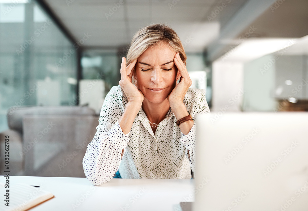 Stress, headache and business woman on laptop in office with tension, migraine and medical crisis. Professional, corporate and frustrated worker with head pain for fatigue, burnout and overworked Stress, headache and business woman on laptop in office with tension, migraine and medical crisis. Professional, corporate and frustrated worker with head pain for fatigue, burnout and overworked