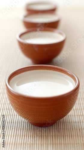 A series of brown bowls filled with a creamy liquid, arranged in a line on a textured surface.