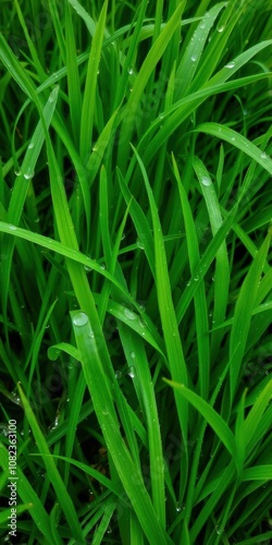 Lush green grass background with dew drops, earth, spring