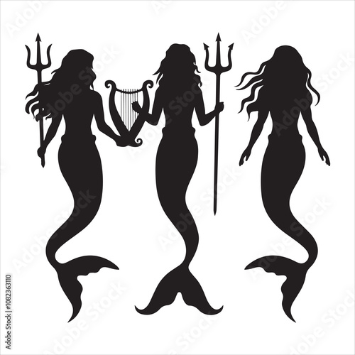 set of vector icon mermaid silhouette