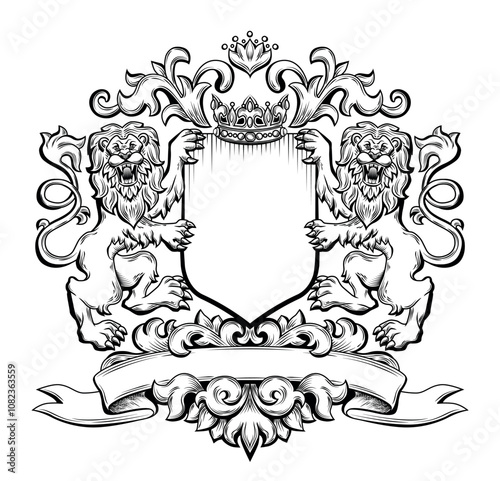 Template of Medieval Coat of Arms Lions Full Face, Standing on Hind Legs, Crown, Plume and Floral Ornament. Black and White Outline Hand Drawn Retro Illustration. Vintage Classic Heral Engraving. 