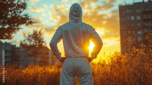 Motivated Athlete in Hoodie Watching Sunrise, Reflecting on Goals and New Beginnings Outdoors