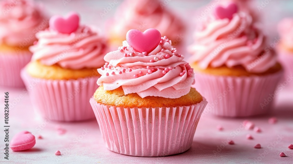 Sweet and Romantic Pink Cupcakes with Heart-Shaped Toppings and Sprinkles, Perfect for Valentine's Day, Celebrations, or Dessert-Themed Photography with a Delicate, Feminine Touch of Pink and Love. Sweet and Romantic Pink Cupcakes with Heart-Shaped Toppings and Sprinkles, Perfect for Valentine's Day, Celebrations, or Dessert-Themed Photography with a Delicate, Feminine Touch of Pink and Love.