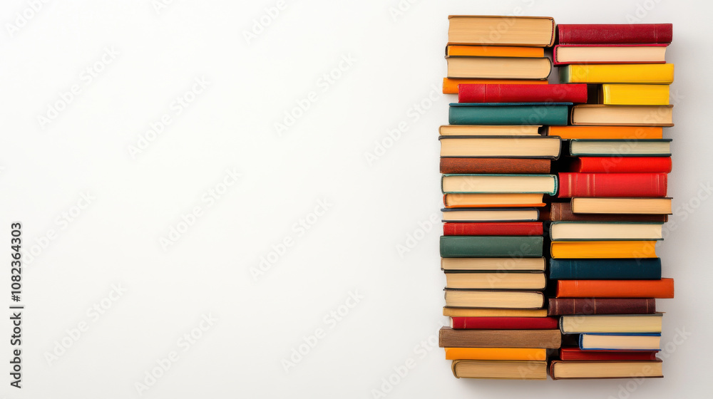 Stacked books with colorful covers create vibrant display, showcasing various genres and styles. This arrangement adds lively touch to any space Stacked books with colorful covers create vibrant display, showcasing various genres and styles. This arrangement adds lively touch to any space