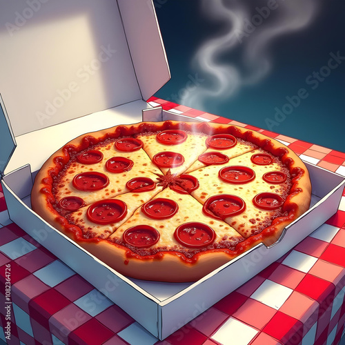 A freshly baked pepperoni pizza in a classic white takeout box, with steam rising from the hot cheese and toppings, placed on a wooden table with a red and white checkered tablecloth