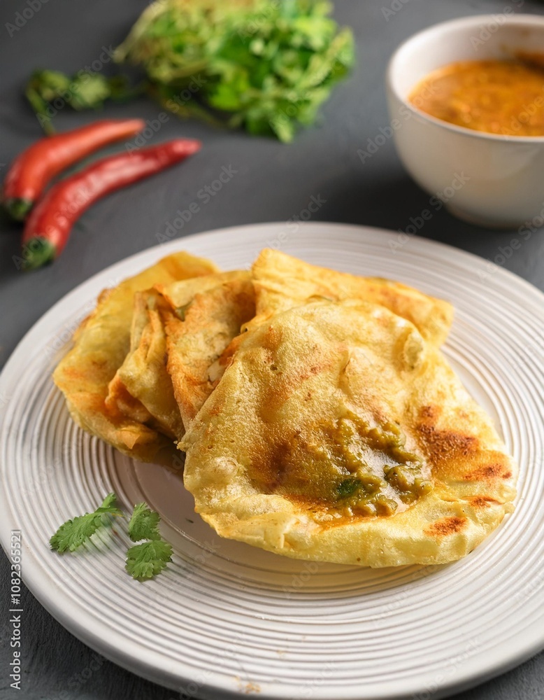 Crispy Roti Canai with Spicy Curry Dipping Sauce, Captured in a Bright and Airy Home Cooking Setup with Fresh Ingredients and Clean Presentation