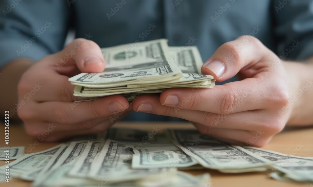 Man is holding bundle of dollar bills in his hands. The concept of wealth and abundance Man is holding bundle of dollar bills in his hands. The concept of wealth and abundance