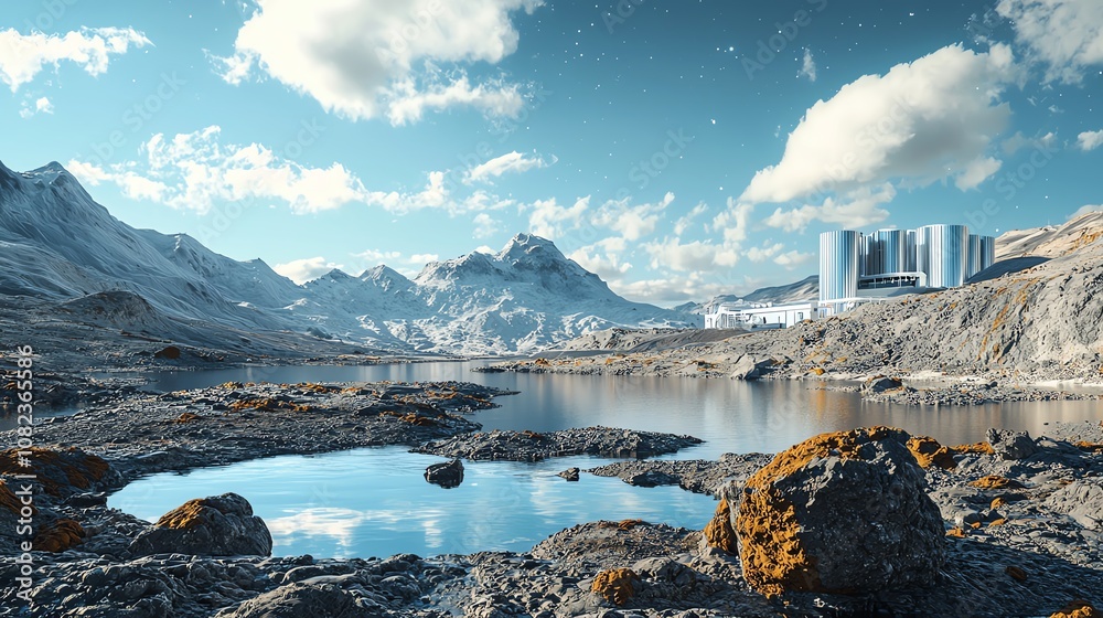 custom made wallpaper toronto digital47 Futuristic geothermal energy plant, volcanic terrain, 3D illustration