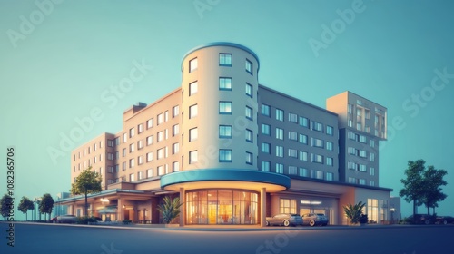 3D hotel building illustration, suitable for travel and booking themes. 