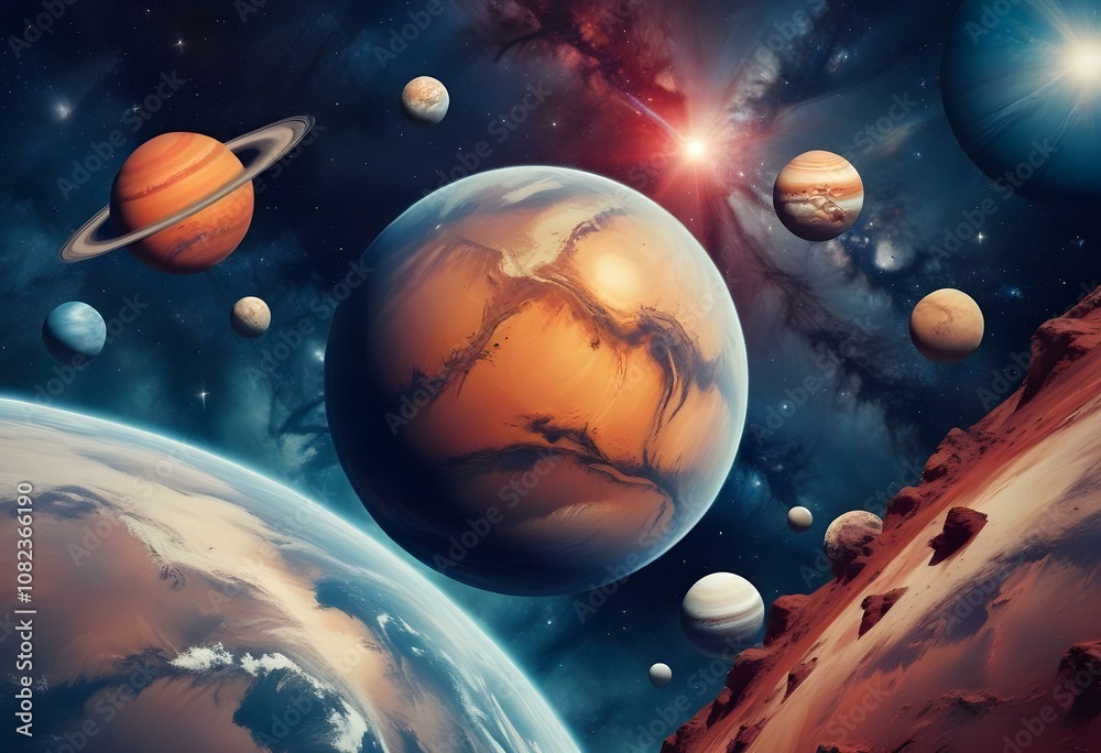 Astrology astronomy earth outer space solar system mars planet milky way galaxy floating against background of solar system planets. Contemporary art collage