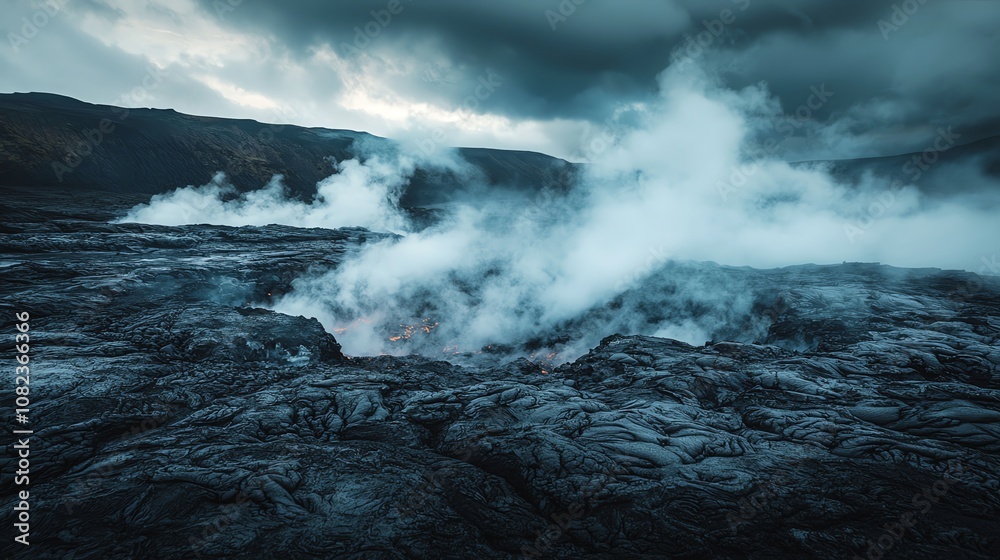 27 Volcanic steam venting through cracks in a dark, rocky landscape under a cloudy sky Wide shot with dramatic, moody lighting, emphasizing the raw, untamed power of the earth 27 Volcanic steam venting through cracks in a dark, rocky landscape under a cloudy sky Wide shot with dramatic, moody lighting, emphasizing the raw, untamed power of the earth
