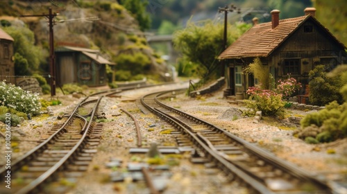 A picturesque model train diorama with tracks and miniature landscapes, Model train tracks and scenery meticulously arranged in a hobbyist's display, Miniature railway style