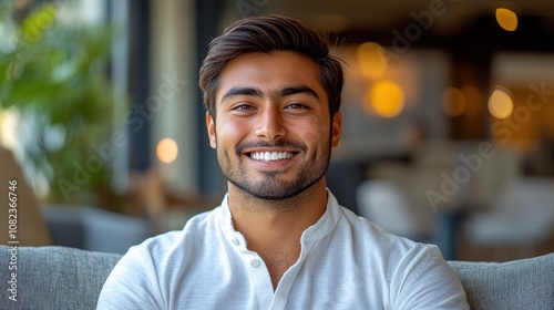 A smiling young man seated indoors, exuding warmth and friendliness.