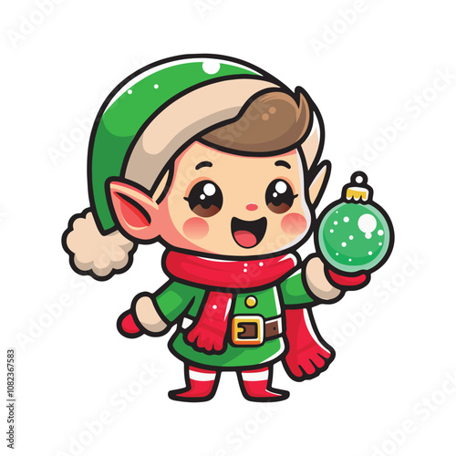 Festive Christmas Elf Holding Ornament Vector Mascot Illustration